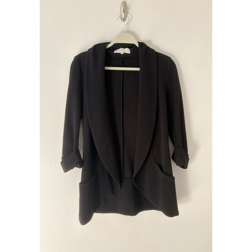 French Mauve Black Shawl Collar Open Front Blazer Jacket Small 3/4 Sleeve Pocket